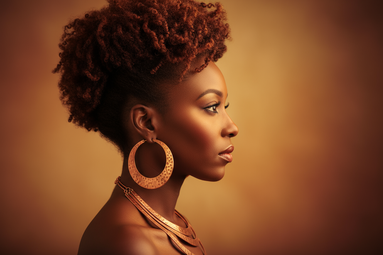 african american woman with natural hair side profile wearing copper jewelry